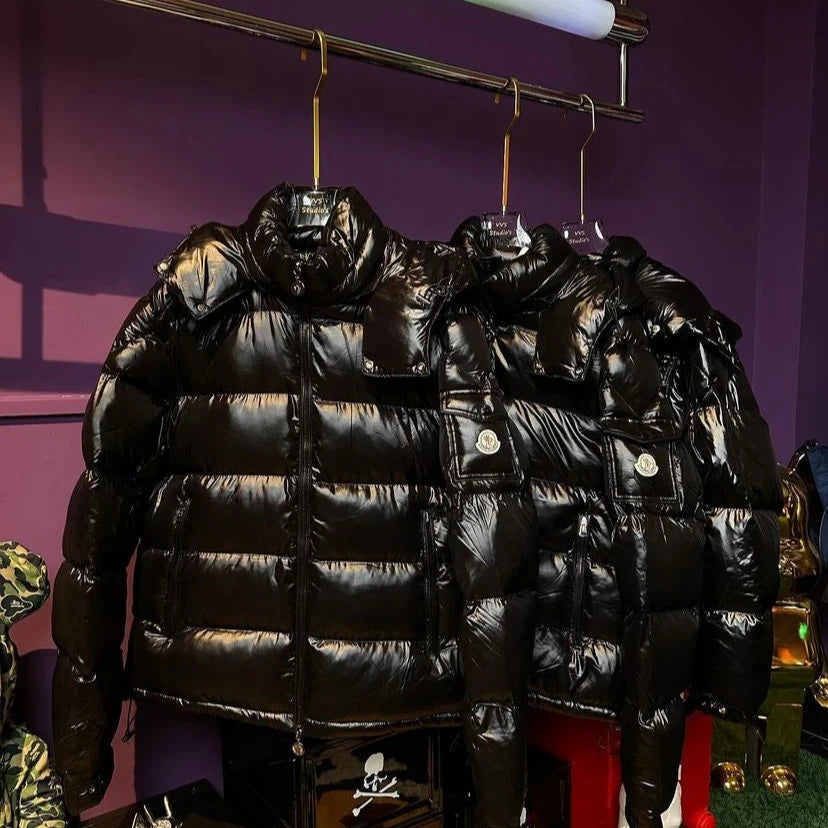 MONCLER MAYA HOODED SHINY PUFFER JACKET - BLACK