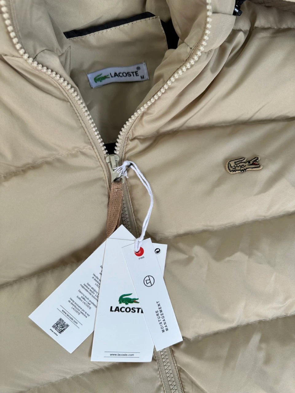 LACOSTE DETACHABLE HOODED PUFFER JACKET - ECRU