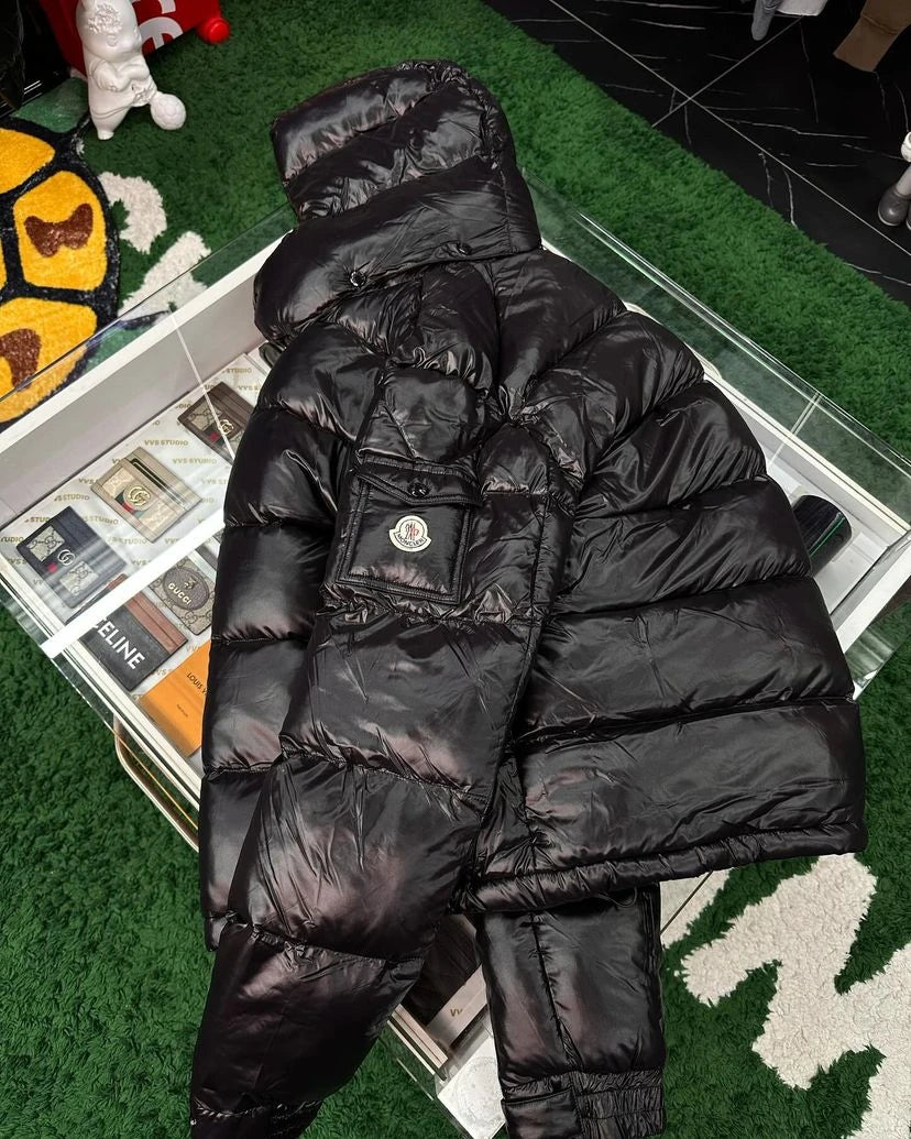 MONCLER MAYA HOODED SHINY PUFFER JACKET - BLACK