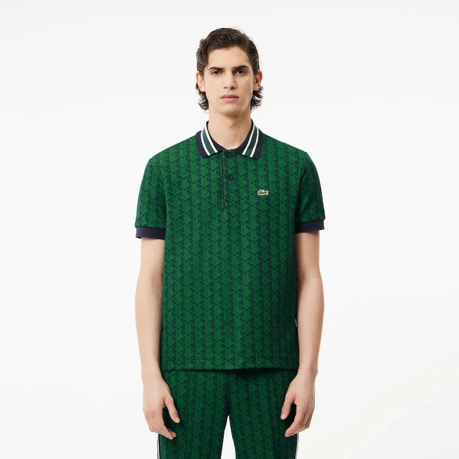 LACOSTE MONOGRAM CLASSIC FIT POLO NECK T-SHIRT- NAVY BLUE/GREEN