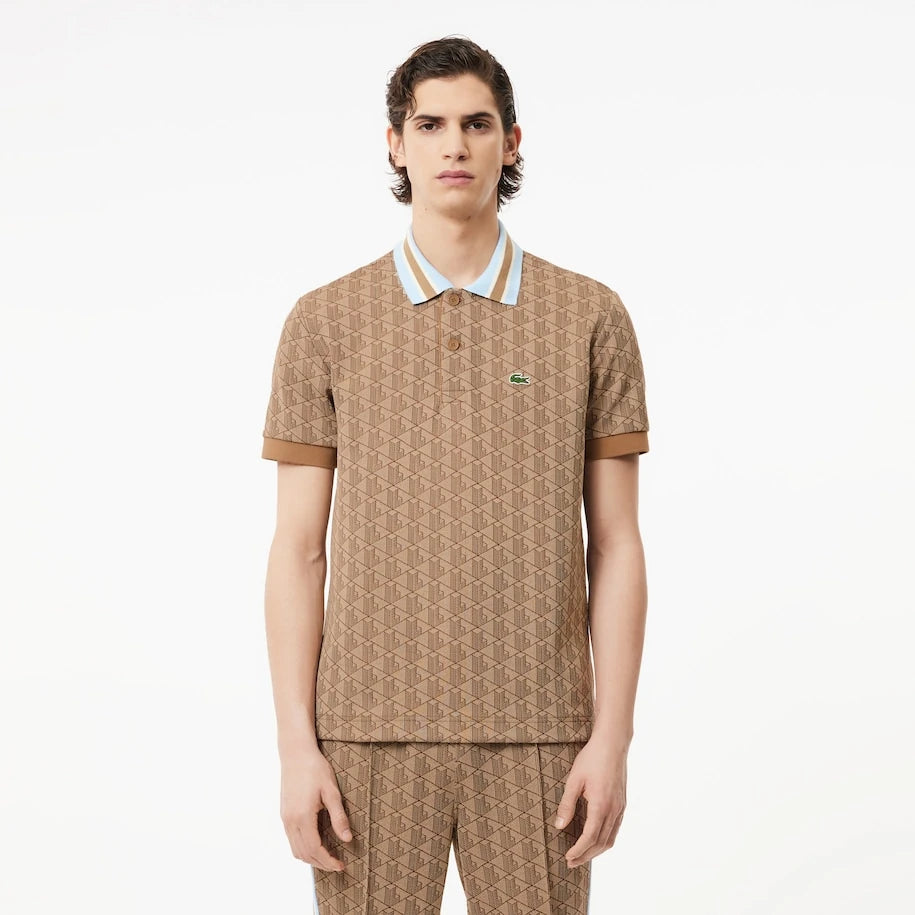 LACOSTE MONOGRAM CLASSIC FIT POLO NECK T-SHIRT- BEIGE/BROWN