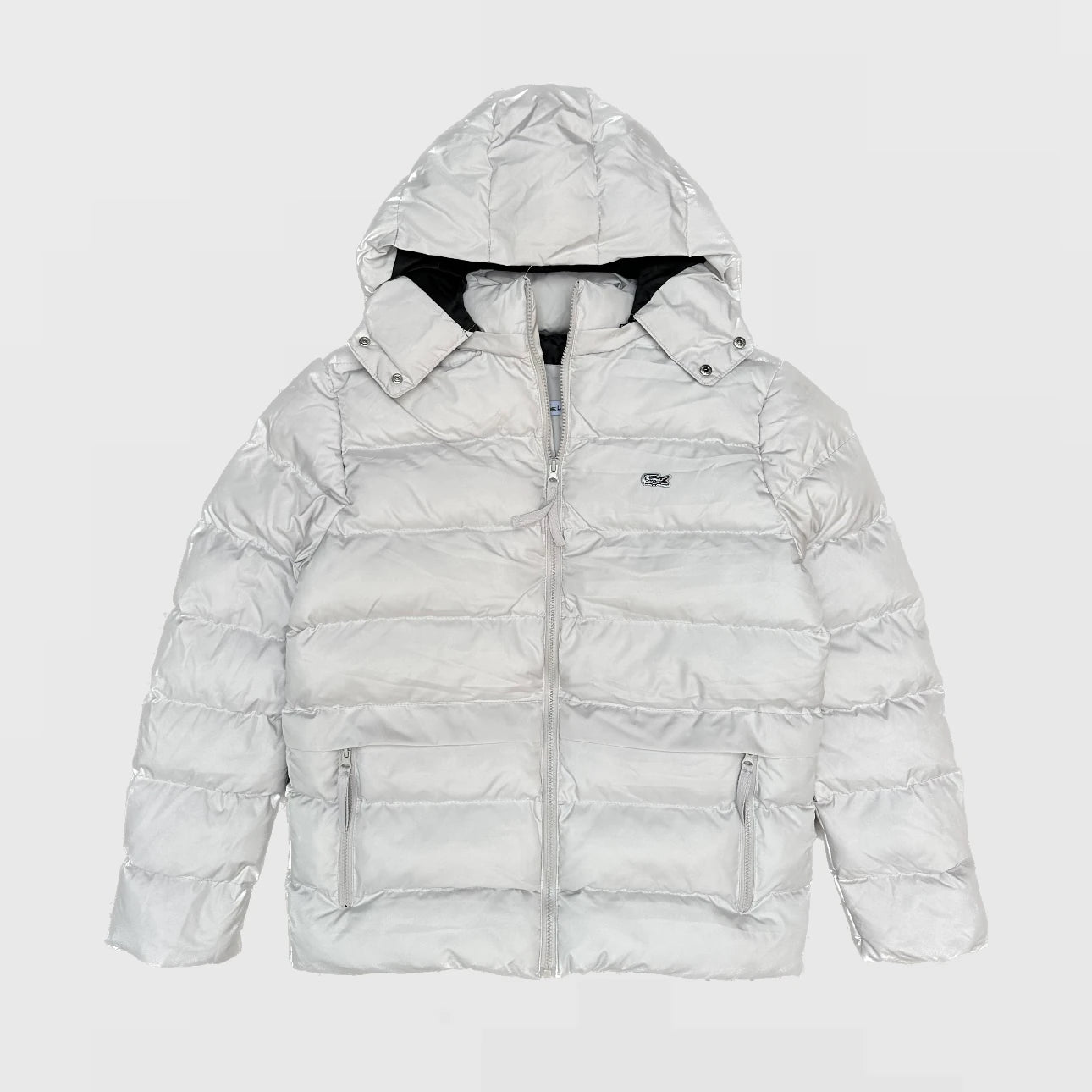 LACOSTE DETACHABLE HOODED PUFFER JACKET - ICE GREY