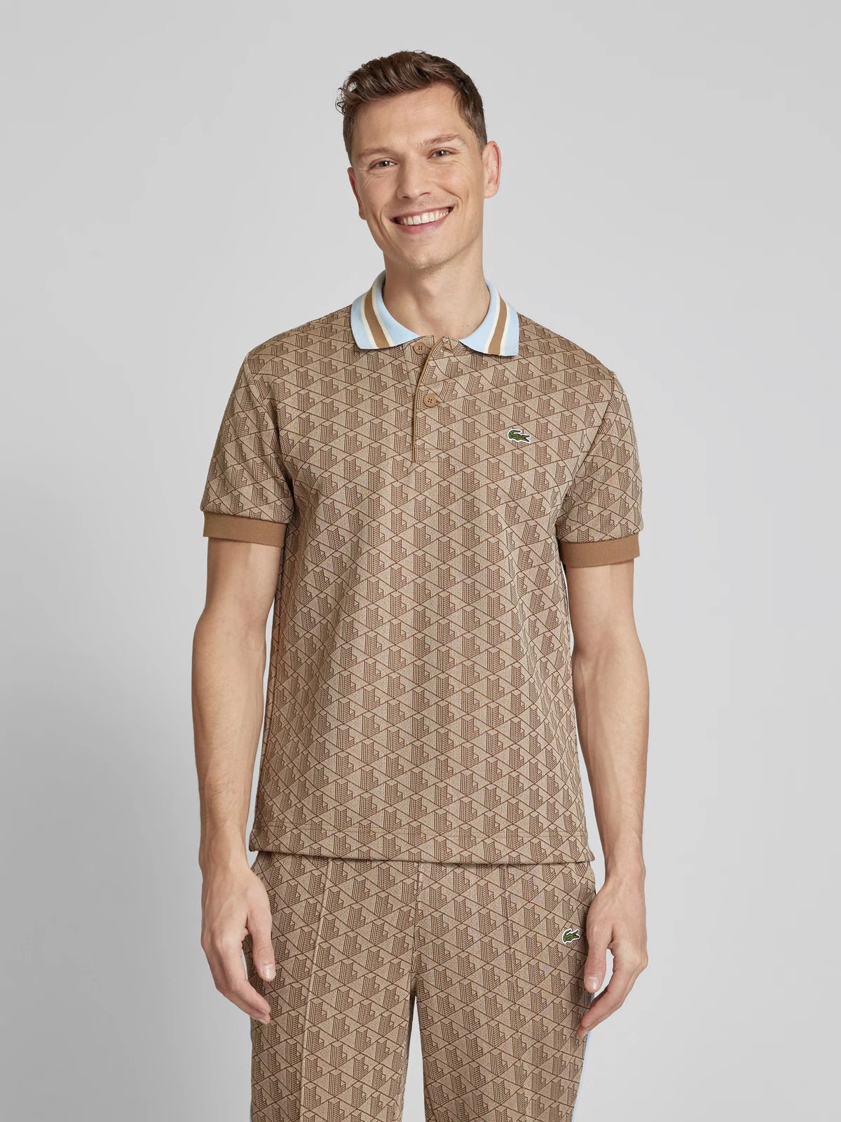 LACOSTE MONOGRAM CLASSIC FIT POLO NECK T-SHIRT- BEIGE/BROWN