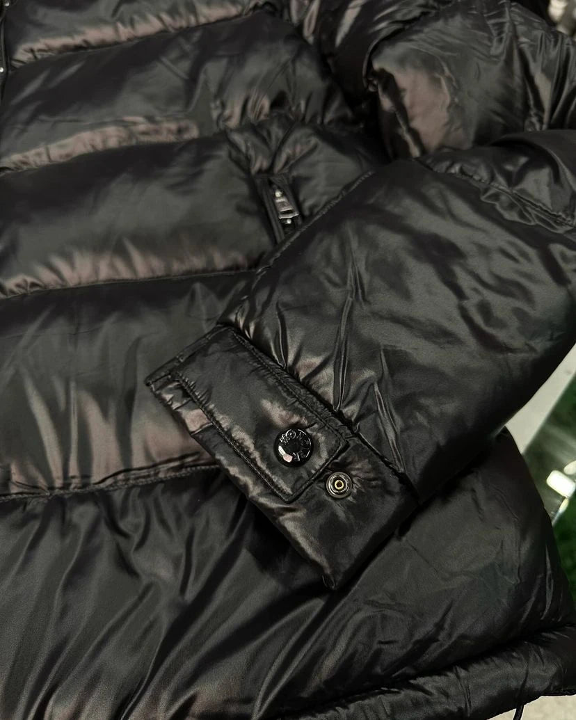 MONCLER MAYA HOODED SHINY PUFFER JACKET - BLACK