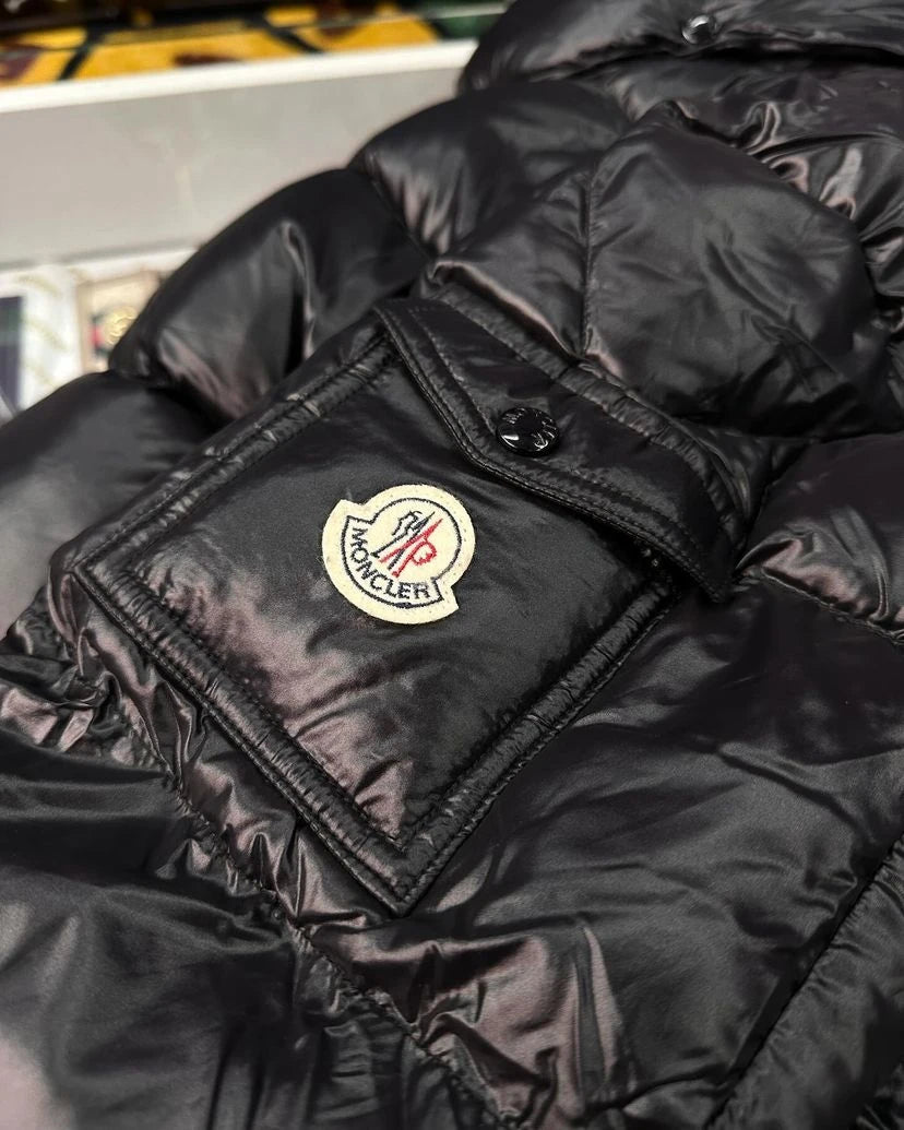 MONCLER MAYA HOODED SHINY PUFFER JACKET - BLACK