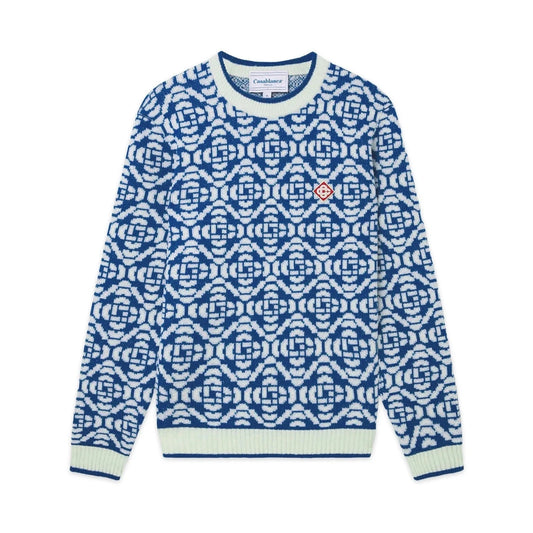 CASABLANCA MONOGRAM PATTERNED PREMIUM KNIT SWEATER - MARINA BLUE/WHITE