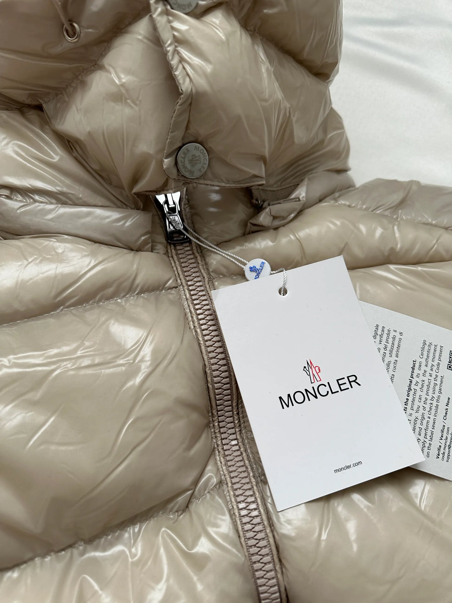 MONCLER MAYA HOODED SHINY COAT - CREAM